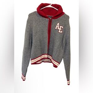 NWT AMERICAN EAGLE GRAY RED ZIP LETTERMAN SWEATER SZ SMALL